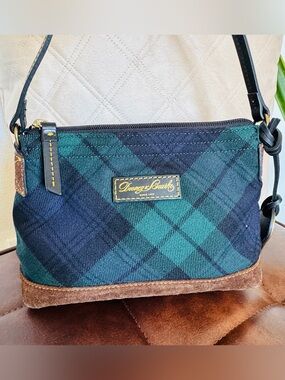Dooney & Bourke Blackwatch Plaid Shoulder Bag Green Navy Canvas Suede Wristlet